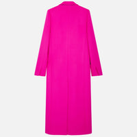 Our classic double-breasted tuxedo coat in a vibrant and luxurious fuchsia cashmere and wool blend. PALLAS PARIS