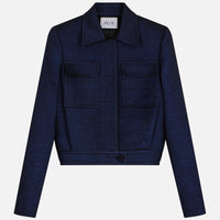Evening blouson jacket with buttoned fly front in blue lurex with details in black mat acetate viscose crêpe. PALLAS PARIS