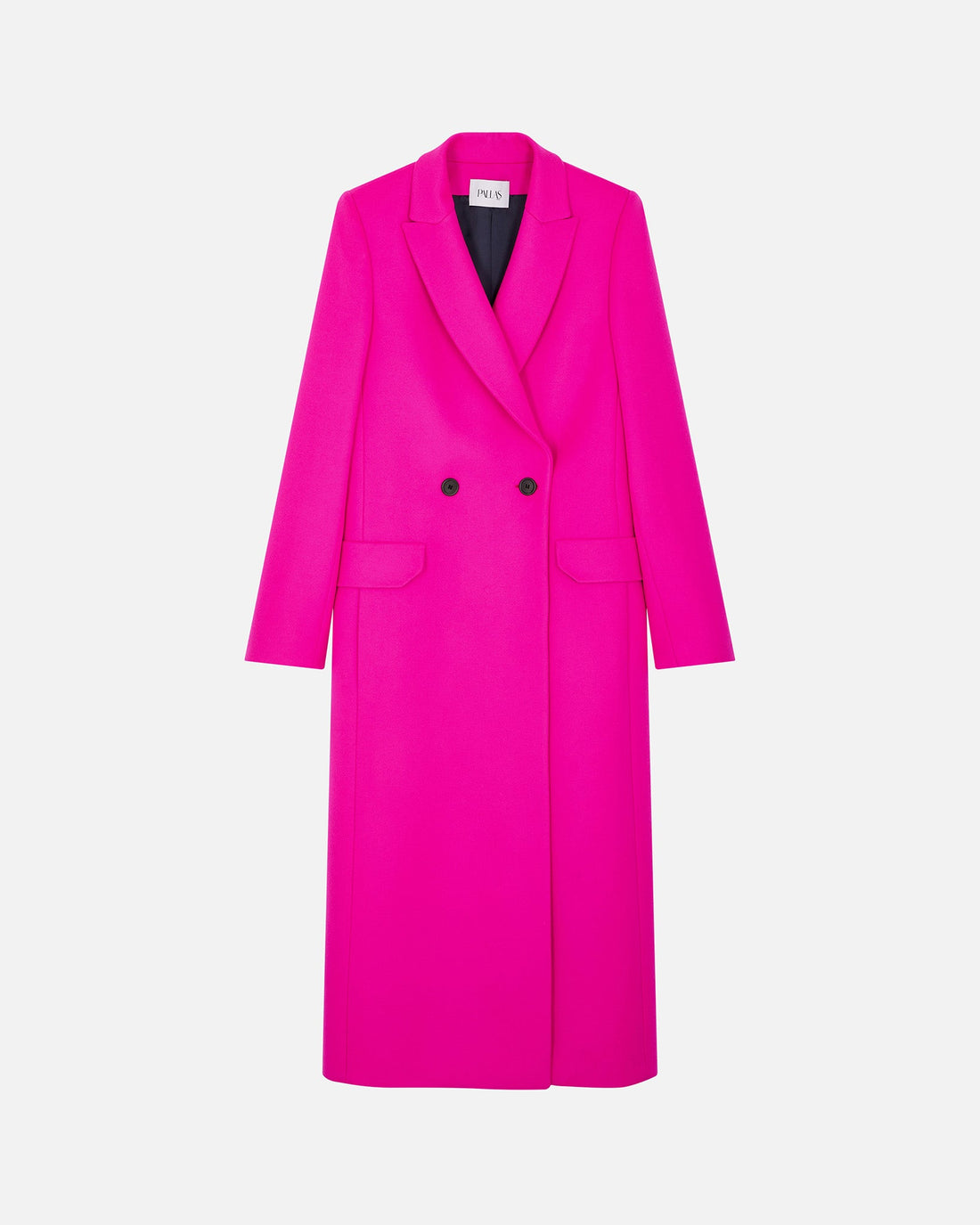 Our classic double-breasted tuxedo coat in a vibrant and luxurious fuchsia cashmere and wool blend. PALLAS PARIS