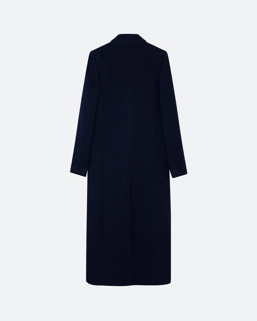 A classic and chic navy double-breasted tuxedo coat in luxurious cashmere and wool. PALLAS PARIS