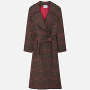 Our ultra chic double-breasted, buttonless and belted overcoat in a camel, blue and red Prince of Wales check wool. PALLAS PARIS