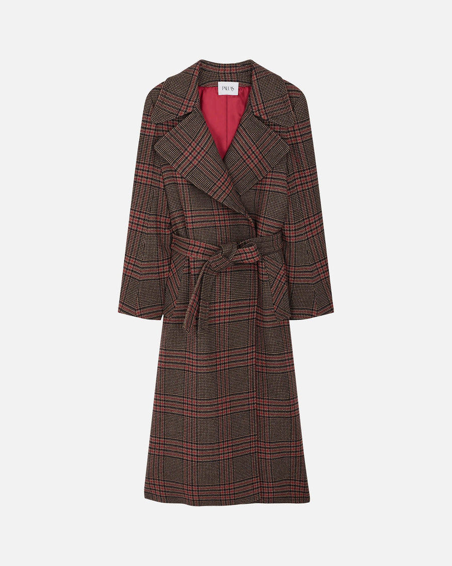 Our ultra chic double-breasted, buttonless and belted overcoat in a camel, blue and red Prince of Wales check wool. PALLAS PARIS