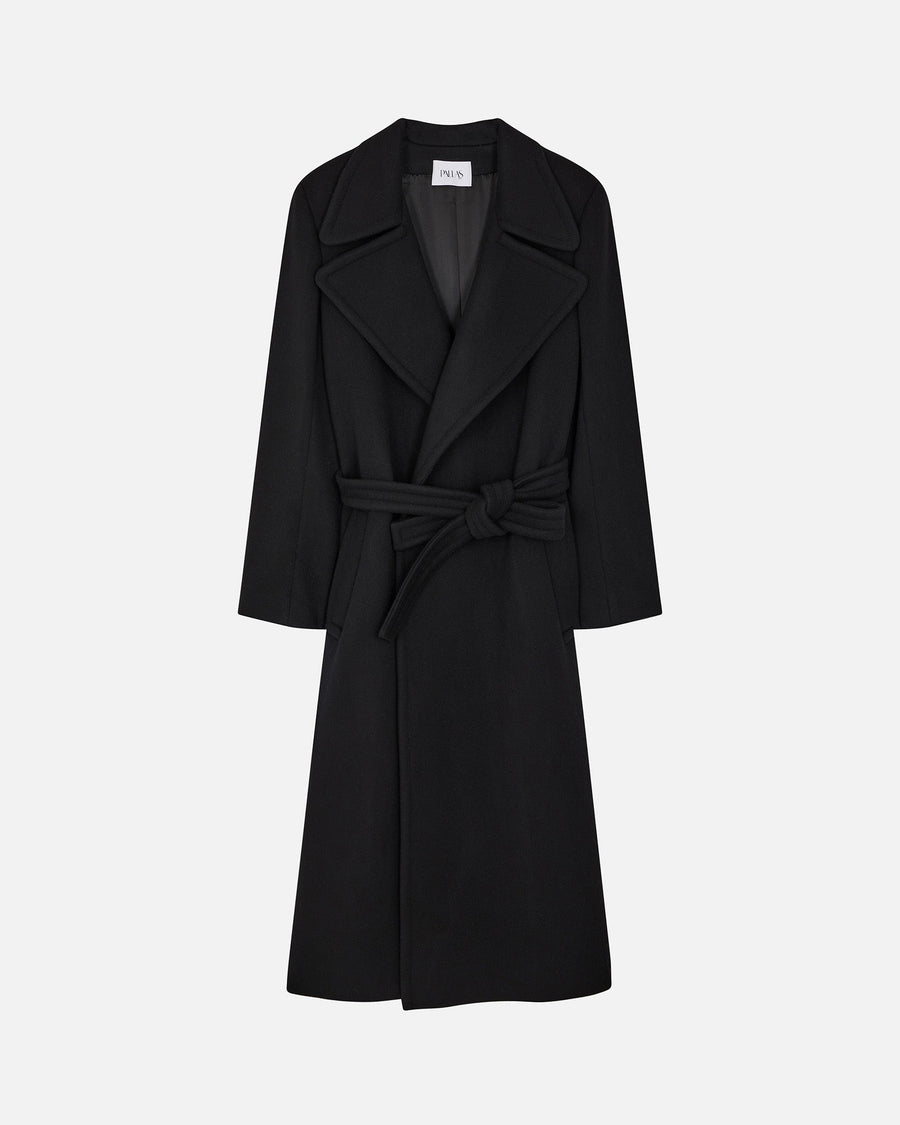 Our double-breasted, buttonless and belted overcoat in a forever classic, black luxurious cashmere and wool blend. PALLAS PARIS