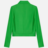 Blouson jacket with buttoned fly front in meadow-green wool satin. PALLAS PARIS
